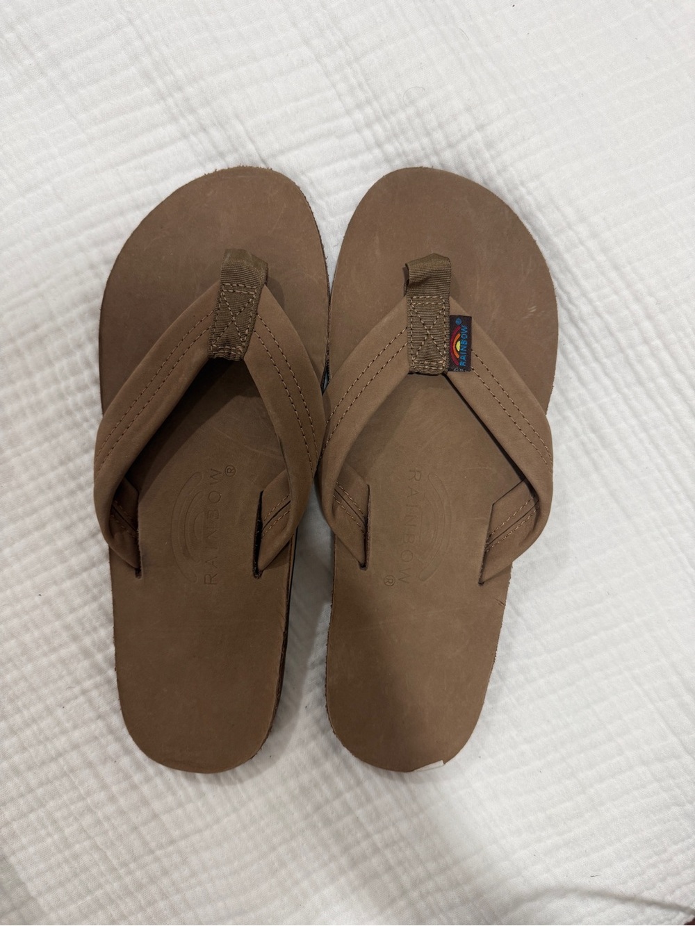 Rainbow Men's Brown Leather-Look Flip Flops with Strap Stitching